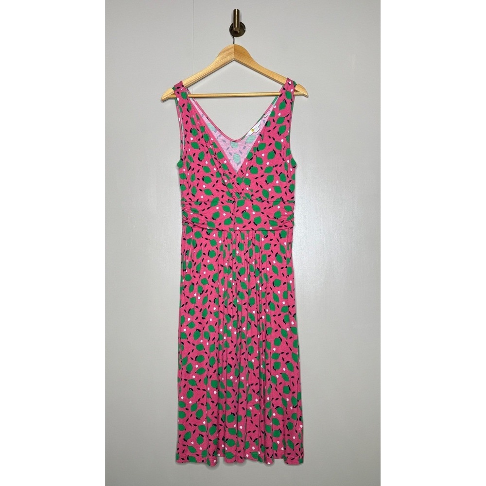 Boden Pink Green Leaf Print Jersey V-Neck Midi Dress with Pockets US 10R UK‎ 14R
